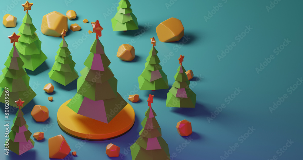 Christmas trees in the forest on yellow stage and yellow stones, Low poly style on blue background. Colorful 3d rendering holiday christmas new year concept 