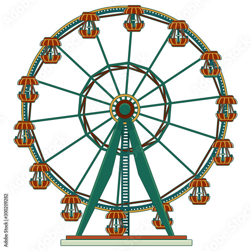 Ferris wheel Carousel amusement park in flat cartoon style, vector isolated on white illustration