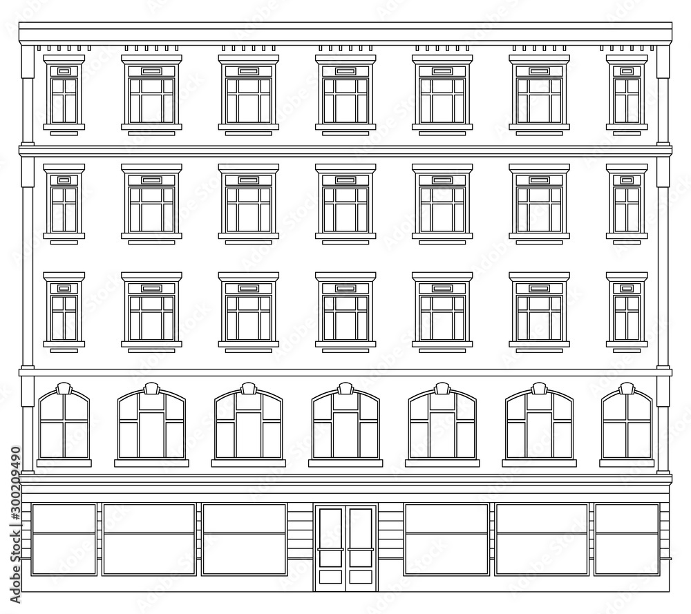 Detail front view house facade building outline contour with shop street panorama, windows, doors and pillars. Vector line art illustration isolated on white Detail front view house facade building outline contour with shop street panorama, windows, doors and pillars. Vector line art illustration isolated on white