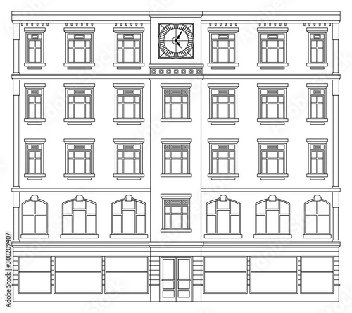 Detail front view house facade building outline contour with shop street panorama, windows, doors and pillars. Vector line art illustration isolated on white