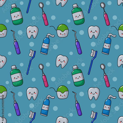 cute funny kawaii dentist equipment icons. seamless pattern. cartoon style. isolated on blue background. vector illustration.