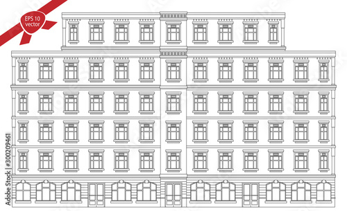 Detail front view house facade building outline contour with shop street panorama, windows, doors and pillars. Vector line art illustration isolated on white