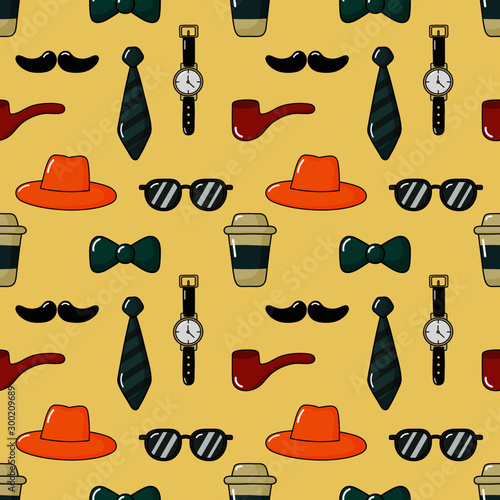seamless pattern men items icons. happy fathers day concept. cartoon style. isolated on cream background. vector illustration.