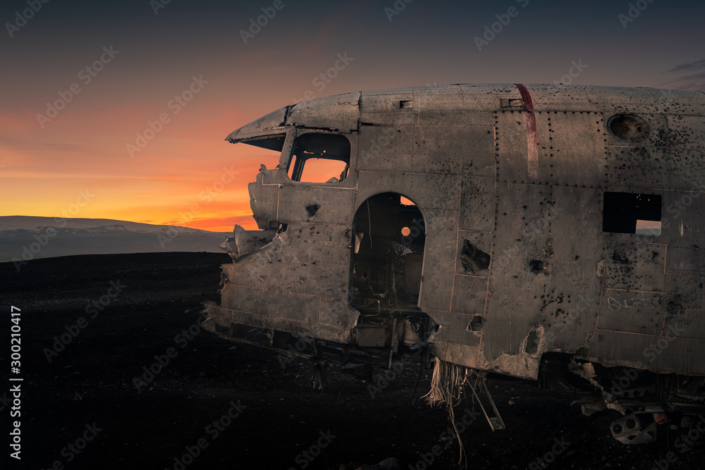 Plane wreck in black sand beach in Iceland