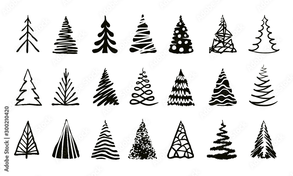 Hand drawn doodle christmas tree set. Many group silhouette decor icons isolated on white background. Black color sketch style holiday trees. New year vector symbol. Simple artistic line stroke Векторный объект Stock