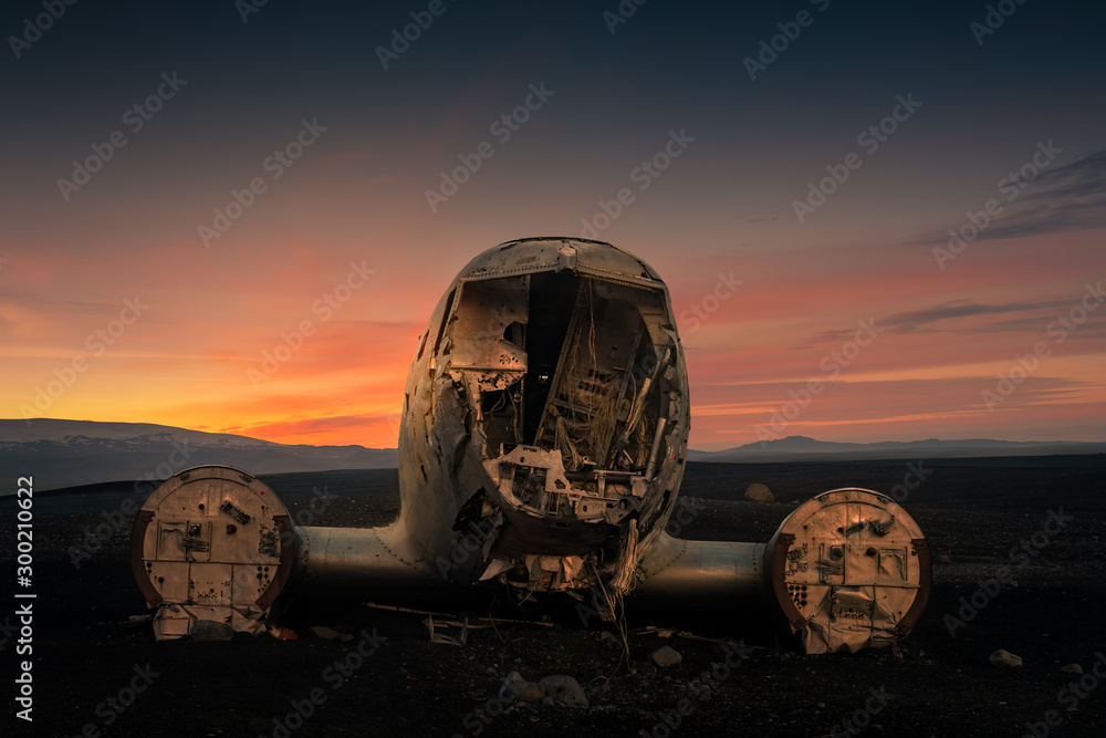 Airplane wreck in black sand beach in Iceland