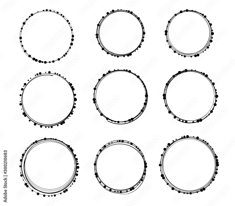 Set of nine black round frames with decorative dots for your design Set of nine black round frames with decorative dots for your design