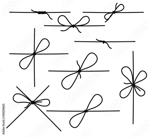 Set of rope knots, marine knots, bows, vector illustration.