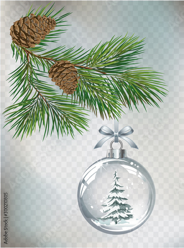 Vector Christmas fir tree and realistic transparent silver Christmas ball on a light abstract background