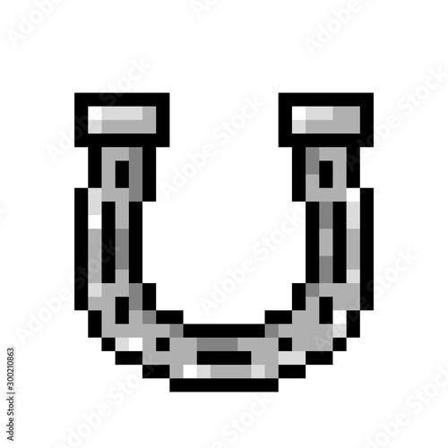 Silver horseshoe, pixel art icon isolated on white background. 8 bit good luck symbol. Old school vintage retro 80s, 90s slot machine/video game graphics. Talisman of fortune and success.