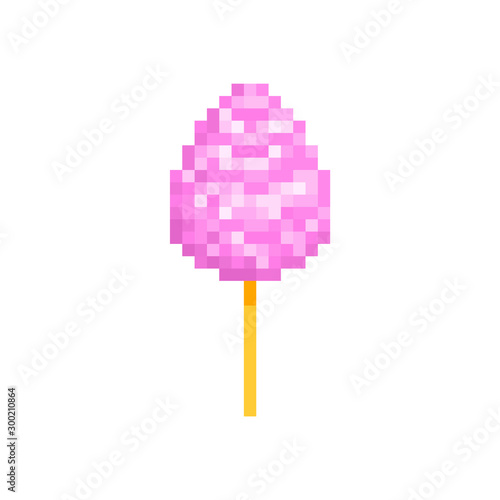 Pink cotton candy, pixel art icon isolated on white background. 8 bit funfair, festival, amusement park,market,party treat symbol. Old school vintage retro 80s, 90s slot machine/video game graphics.
