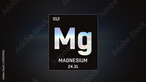 3D illustration of Magnesium as Element 12 of the Periodic Table. Grey illuminated atom design background with orbiting electrons. Design shows name, atomic weight and element number 