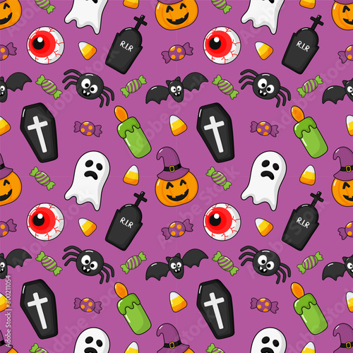 seamless pattern happy halloween icons isolated on purple background. vector Illustration.
