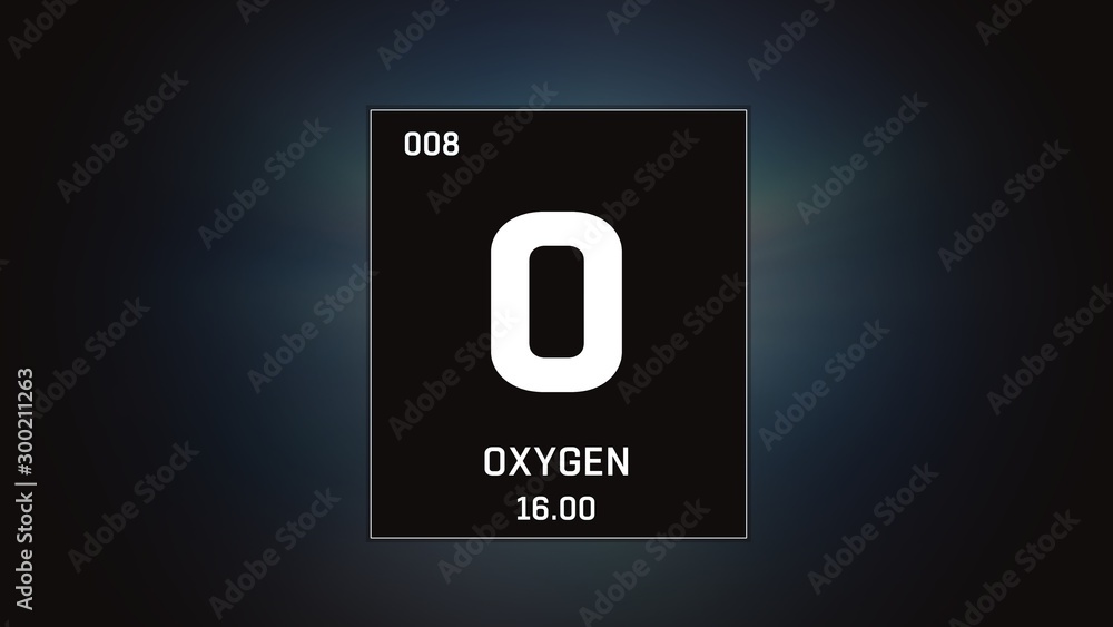 3D illustration of Oxygen as Element 8 of the Periodic Table. Grey illuminated atom design background with orbiting electrons. Design shows name, atomic weight and element number 3D illustration of Oxygen as Element 8 of the Periodic Table. Grey illuminated atom design background with orbiting electrons. Design shows name, atomic weight and element number