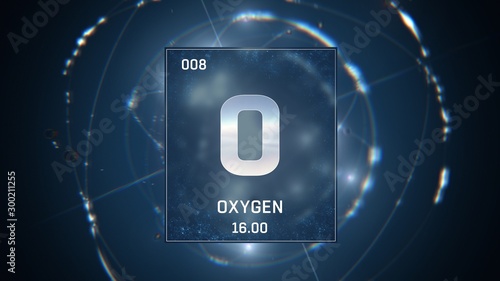 3D illustration of Oxygen as Element 8 of the Periodic Table. Blue illuminated atom design background with orbiting electrons. Design shows name, atomic weight and element number photo