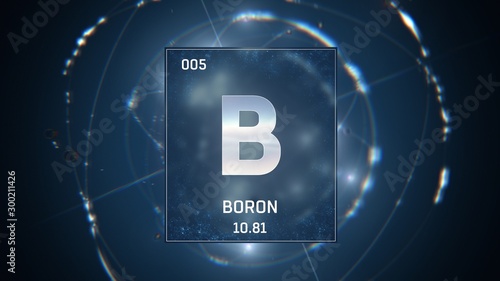 3D illustration of Boron as Element 5 of the Periodic Table. Blue illuminated atom design background with orbiting electrons. Design shows name, atomic weight and element number
