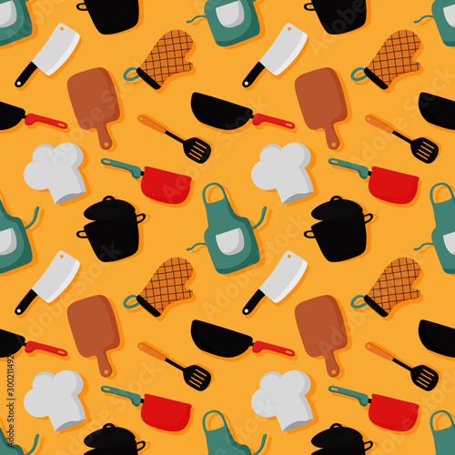 cooking foods seamless pattern and kitchen icons set on yellow background. vector illustration. 