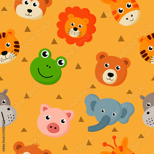 seamless pattern cute animal faces icon set for kids isolated on yellow background. vector Illustration.