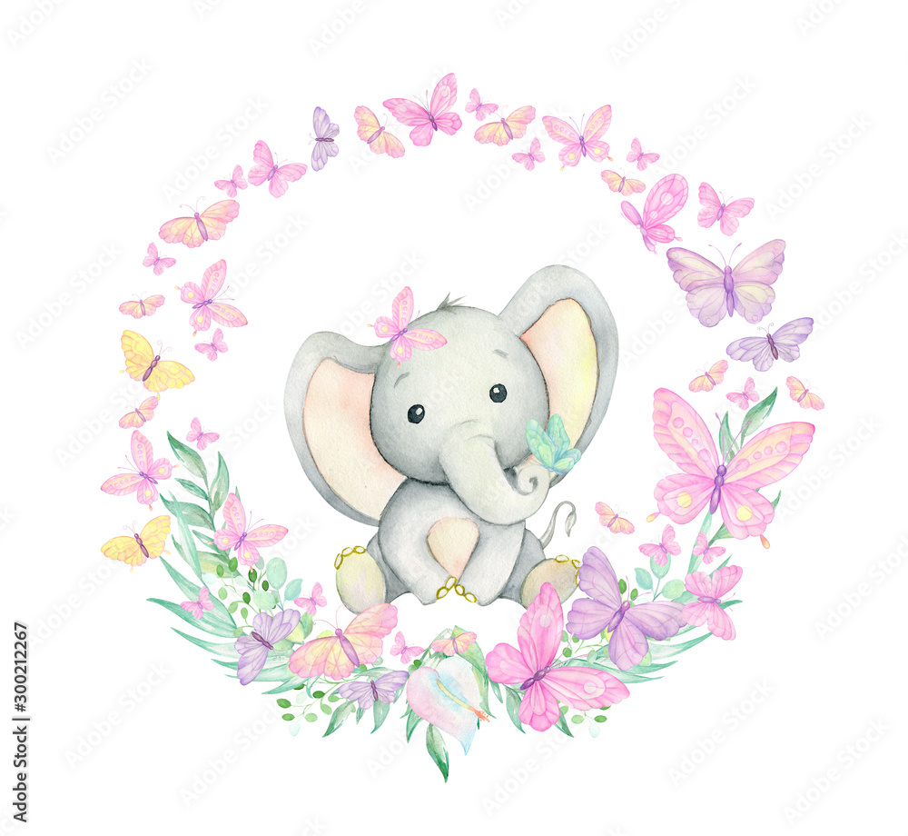 Obraz Cute baby elephant surrounded by butterflies, tropical plants and flowers. Watercolor frame. For children's invitations. children's textiles.