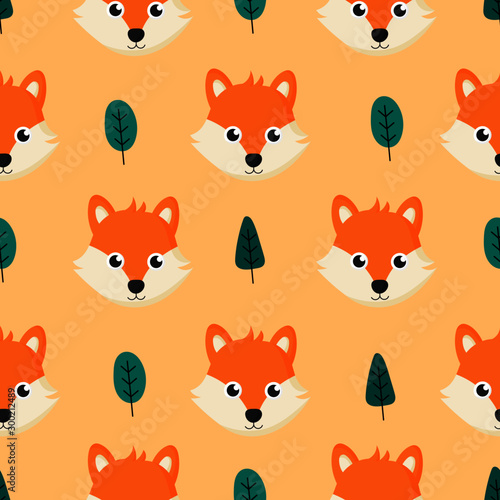 cute seamless pattern with cartoon baby foxes and tree for kids. animal on orange background. vector illustration. 