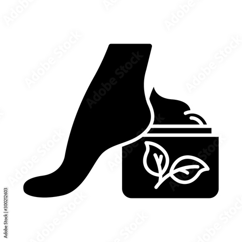 Foot cream jar glyph icon. Moisturizing lotion. Skincare product. Footcare. Paraben free. Dry skin solution. Organic cosmetics. Silhouette symbol. Negative space. Vector isolated illustration