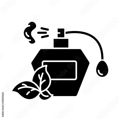 Perfume bottle glyph icon. Paraben free natural fragrance. Plant based scent. Personal care product. Hypoallergenic. Organic cosmetics. Silhouette symbol. Negative space. Vector isolated illustration