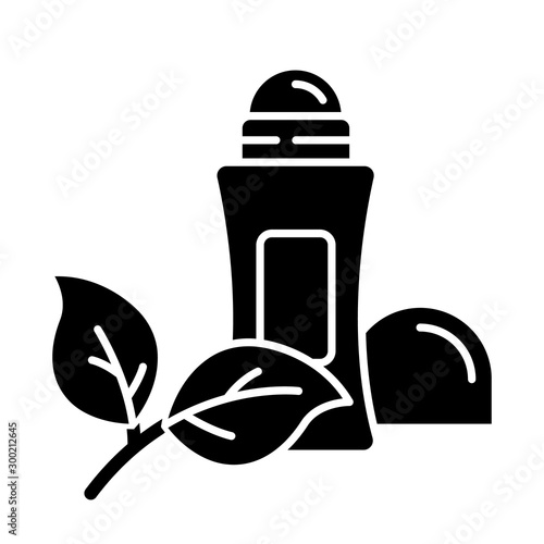 Natural roll-on deodorant glyph icon. Hypoallergenic antiperspirant. Alluminium-free. Protection from wetness, odor. Organic cosmetics. Silhouette symbol. Negative space. Vector isolated illustration