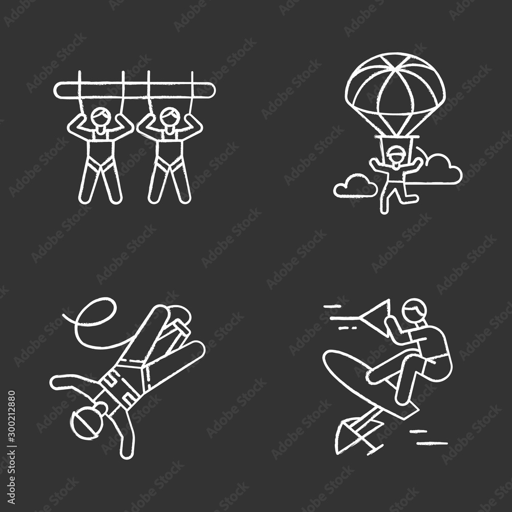 Air extreme sports chalk icons set. Giant swing, parachuting, bungee jumping and wakeboarding. Outdoor activities. Adrenaline entertainment and risky recreation. Isolated chalkboard illustrations Air extreme sports chalk icons set. Giant swing, parachuting, bungee jumping and wakeboarding. Outdoor activities. Adrenaline entertainment and risky recreation. Isolated chalkboard illustrations