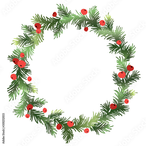Christmas fir wreath with red berries. Pine wreath. Spruce new year wreath. Decorative element. Vector illustration.