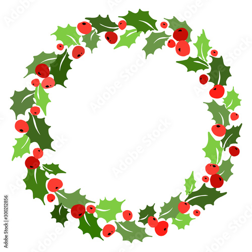 Christmas wreath of mistletoe with holly berries. Vector illustration.