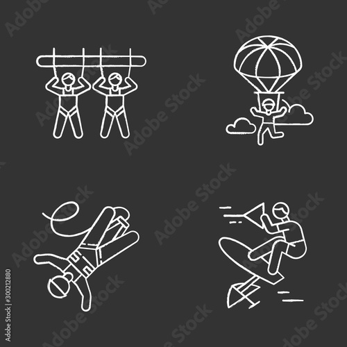 Air extreme sports chalk icons set. Giant swing, parachuting, bungee jumping and wakeboarding. Outdoor activities. Adrenaline entertainment and risky recreation. Isolated chalkboard illustrations