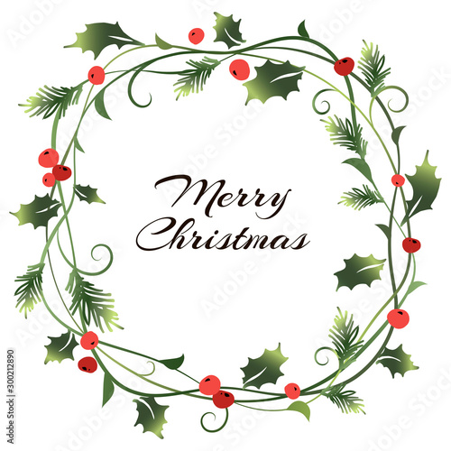 Christmas plant frame with mistletoe leaves, fir branches and holly berries. Christmas wreath/ Vector illustration.
