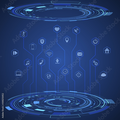 Digital technology icon vector illustration. internet of things background. Abstract protecting data network ecosystem innovation design. Iot, smart home connection, house control by smartphone photo