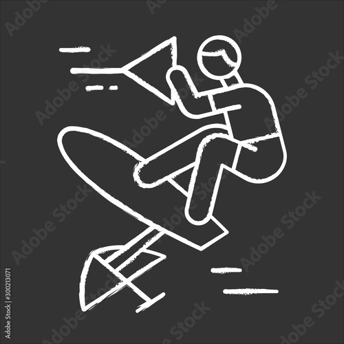 Wakeboarding chalk icon. Sling shot. Extreme water sport leisure. Rider standing on wakeboard. Adrenaline recreation. Outdoor activity. Isolated vector chalkboard illustration