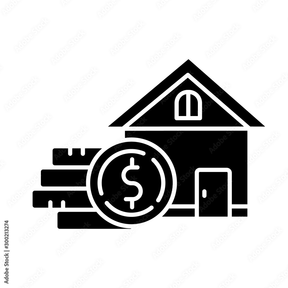 Home equity glyph icon. Credit to buy real estate building. Buying, renting house. Borrow money to purchase apartment. Silhouette symbol. Negative space. Vector isolated illustration Home equity glyph icon. Credit to buy real estate building. Buying, renting house. Borrow money to purchase apartment. Silhouette symbol. Negative space. Vector isolated illustration