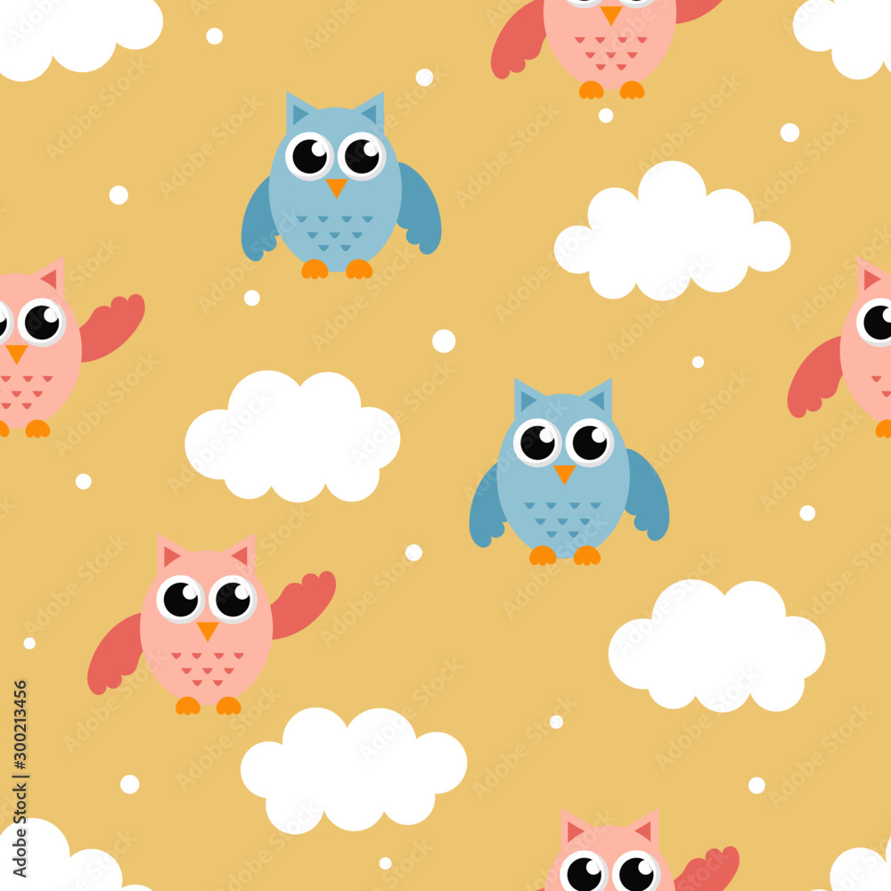 Fototapeta premium cute seamless pattern with cartoon baby owls and cloud for kids. animal on cream background. vector illustration. 