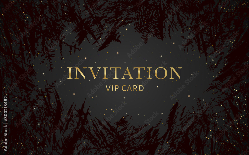 Luxurious VIP Invitation template with gold, black background and decorative golden grunge ice texture pattern. Premium class design for Gift certificate, Voucher, Gift card - obrazy, fototapety, plakaty 