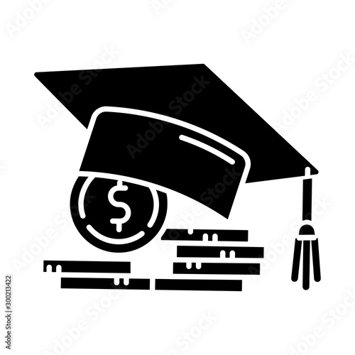 Student loan glyph icon. Credit to pay for university education. Tuition fee. College scolarship. Graduation hat, coin stack. Silhouette symbol. Negative space. Vector isolated illustration