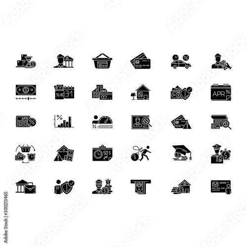 Credit glyph icons set. Student loan. Borrowing from Retirement. Personal creditworthiness. Home equity loan. Retail, consumerism. APR calculator. Silhouette symbols. Vector isolated illustration