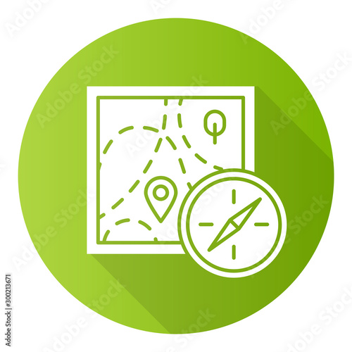 Foot orienteering green flat design long shadow glyph icon. Topographical map and compass. Navigating in unfamiliar terrain. Navigation equipment. Hiking, tracking. Vector silhouette illustration