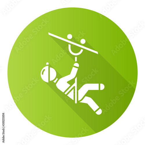 Zip line green flat design long shadow glyph icon. Canopy tour. Person with pulley on cable. Wire descend. Man sliding down rope. Extreme sport. Vector silhouette illustration