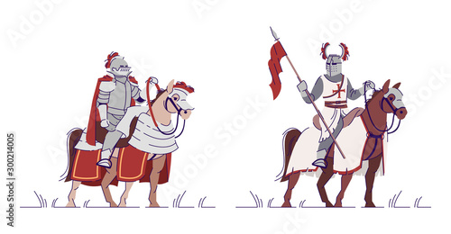 Equestrian knights flat vector illustrations set. Armored warriors riding horses isolated cartoon characters with outline elements on white background. Middle Age cavalry soldiers. Ancient warfare