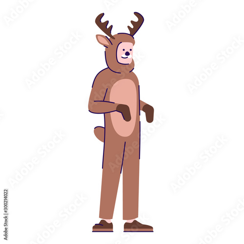 Man dressed in deer costume flat vector illustration. Person dressing like animal. Guy in Halloween party outfit cartoon character with outline elements isolated on white background