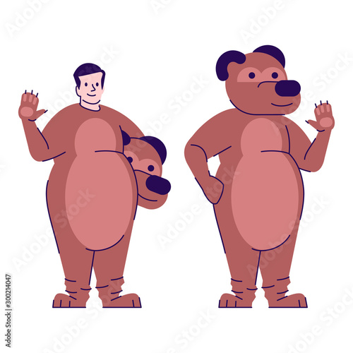 Man dressed in bear costume flat vector illustration. Person dressing like animal. Guy in Halloween party outfit cartoon character with outline elements isolated on white background
