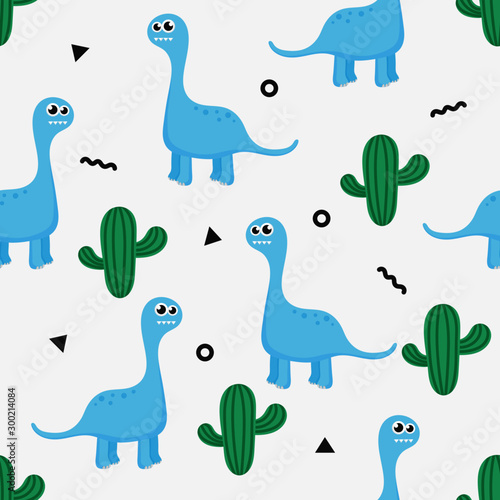 seamless pattern with cartoon cute dinosaur and custus for kids. animal on white background. vector illustration. 