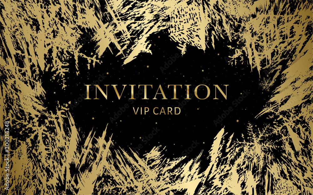 Luxurious VIP Invitation template with gold, black background and decorative golden grunge ice texture pattern. Premium class design for Gift certificate, Voucher, Gift card  - obrazy, fototapety, plakaty 
