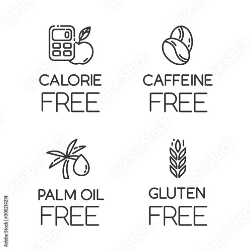 Product free ingredient linear icons set. No calories, caffeine, palm oil, gluten. Organic food. Low calories meals. Thin line contour symbols. Isolated vector outline illustrations. Editable stroke