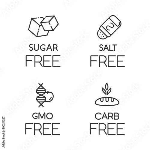 Product free ingredient linear icons set. No sugar, salt, gmo, carbs. Organic food. Non-seasoned, unsweetened meals. Thin line contour symbols. Isolated vector outline illustrations. Editable stroke