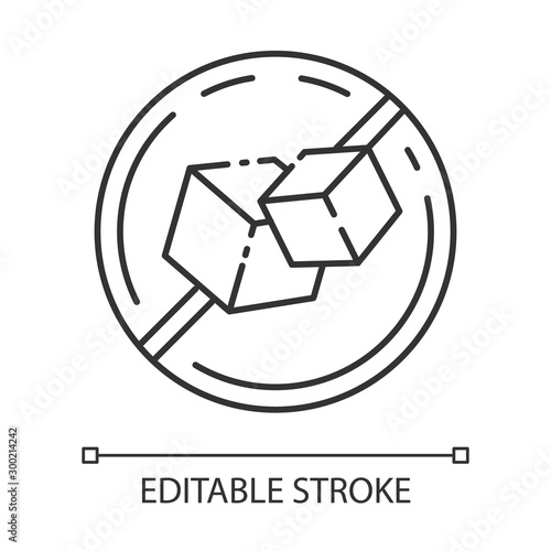 Sugar free linear icon. Food without added sweetener. Product free ingredient. Diabetes prevention. Thin line illustration. Contour symbol. Vector isolated outline drawing. Editable stroke