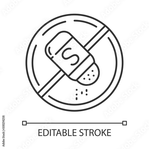 Salt free linear icon. Organic food without sodium, sulfates. Product free ingredient. Nutritious dietary. Thin line illustration. Contour symbol. Vector isolated outline drawing. Editable stroke